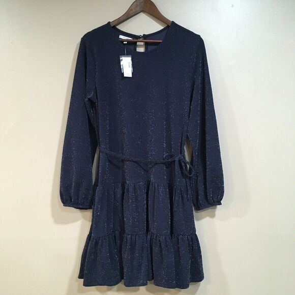 NWT Maurices M Metallic Tiered Long Sleeve‎ Skater Dress Navy Blue Sparkle Party - Picture 2 of 14